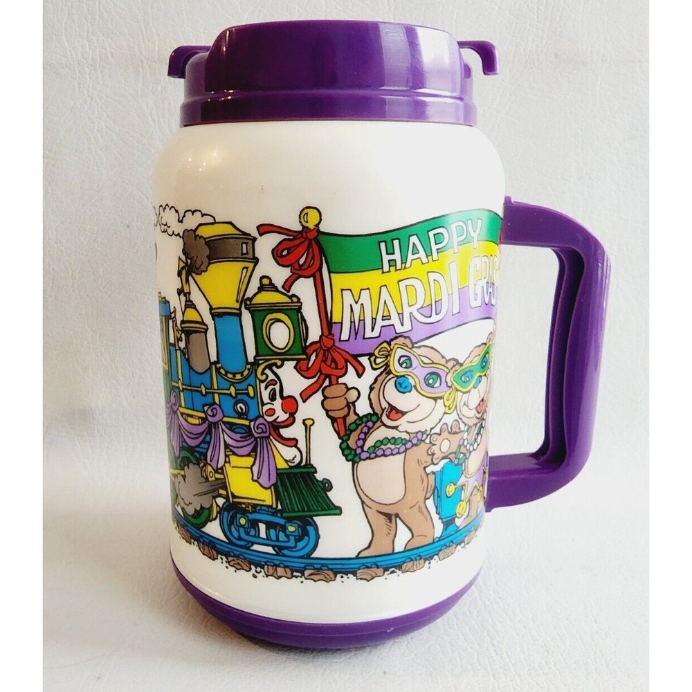 Whirley Drink Works 64 oz Insulated Big Mug "Happy Marti Gras"Huge Drinking Jug